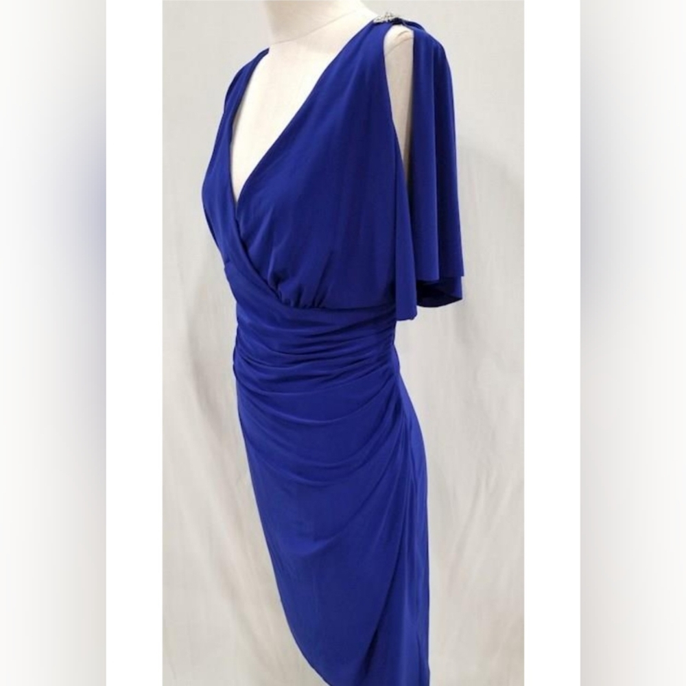 Chaps sz $110 Cobalt deep Blue open embellished Slv, elegant Draped lined Dress